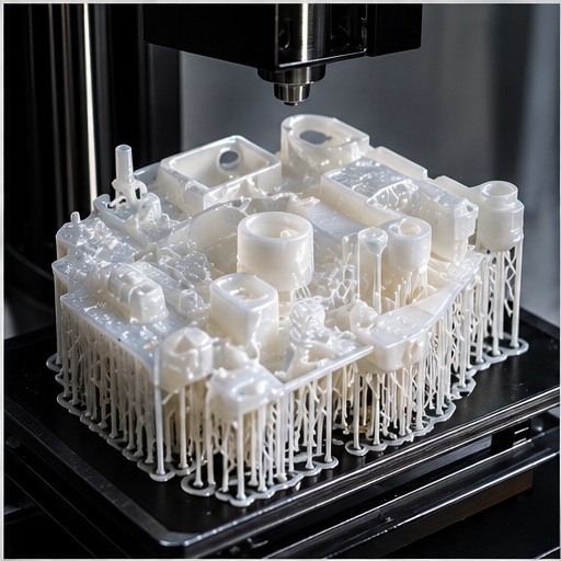 SLA resin 3D printed precision prototype on build platform
